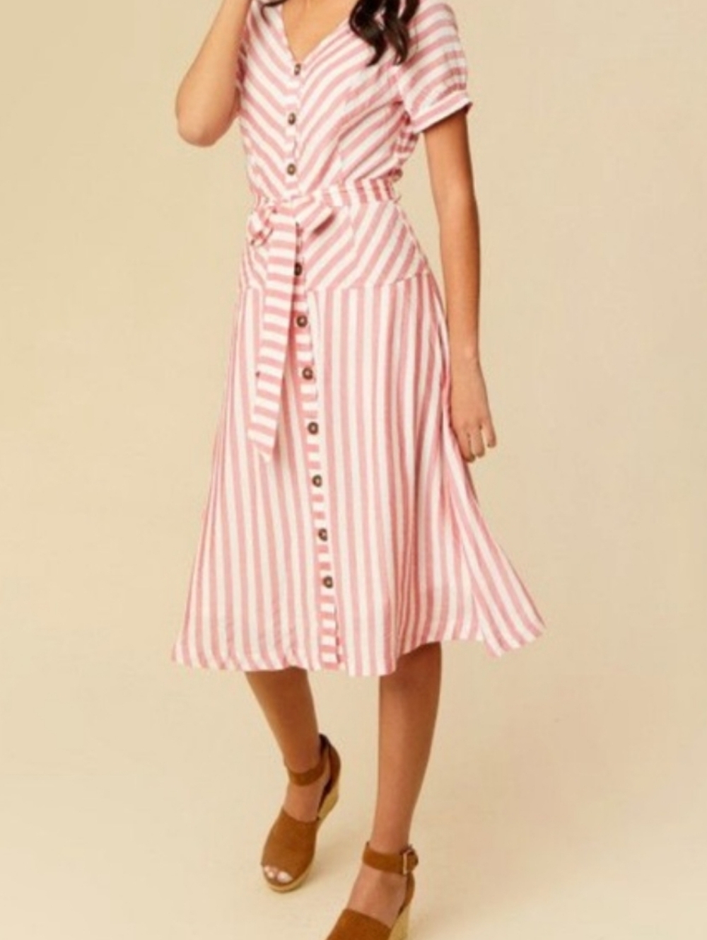 Altar'd State Pink and White Striped Button Midi Dress With Tie Belt